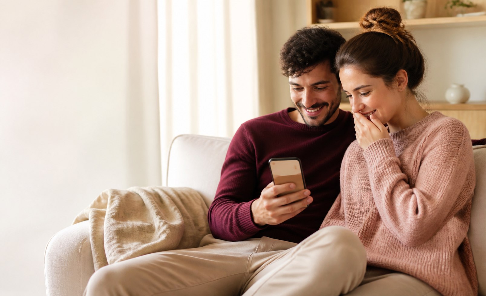 Pareja emocionada descubriendo junta su regalo digital en un móvil