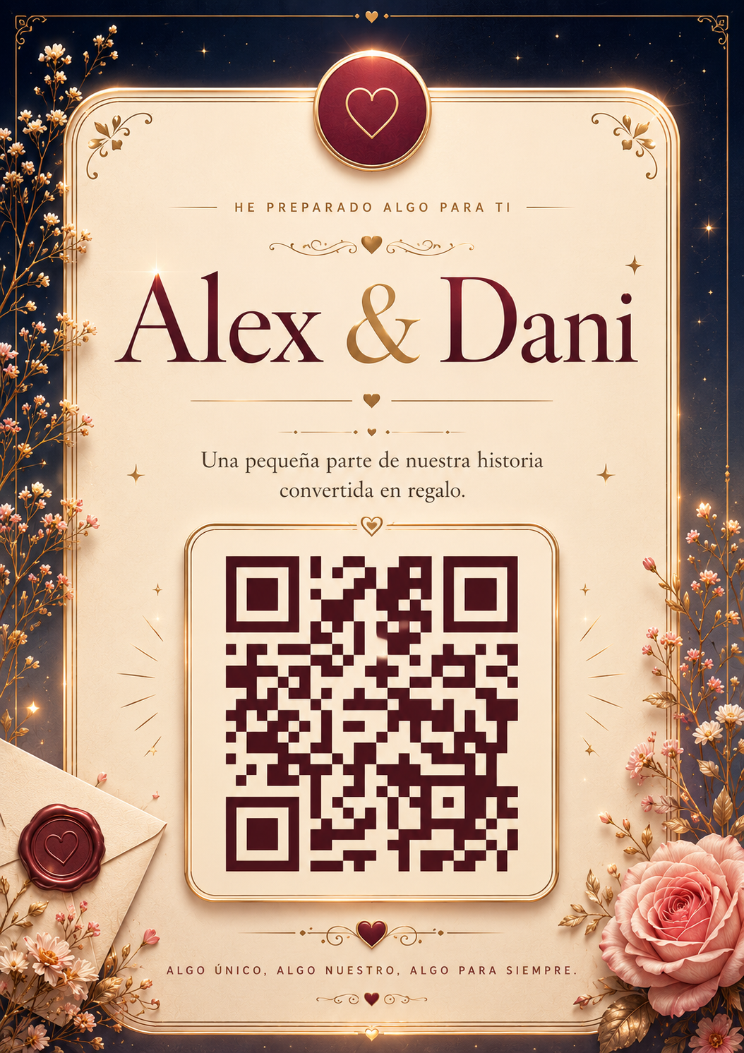 Ejemplo de la tarjeta PDF personalizada con código QR para abrir la web del regalo