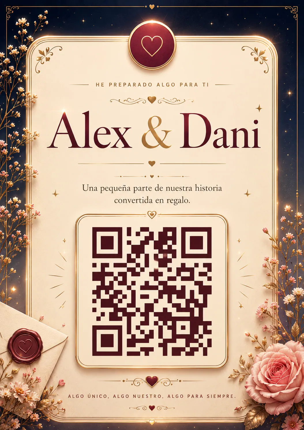 Ejemplo de la tarjeta PDF personalizada con código QR para abrir la web del regalo